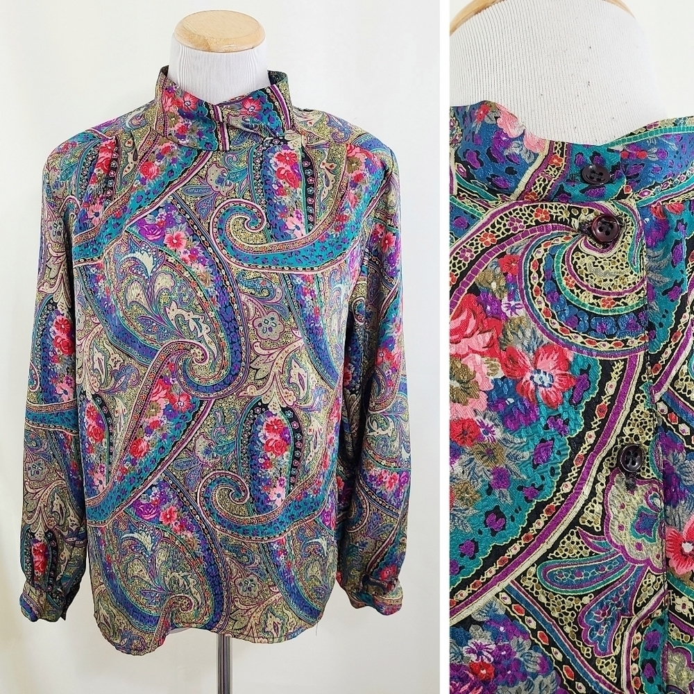 Vintage 80s rainbow floral satin blouse button back Paisley Women's size 8